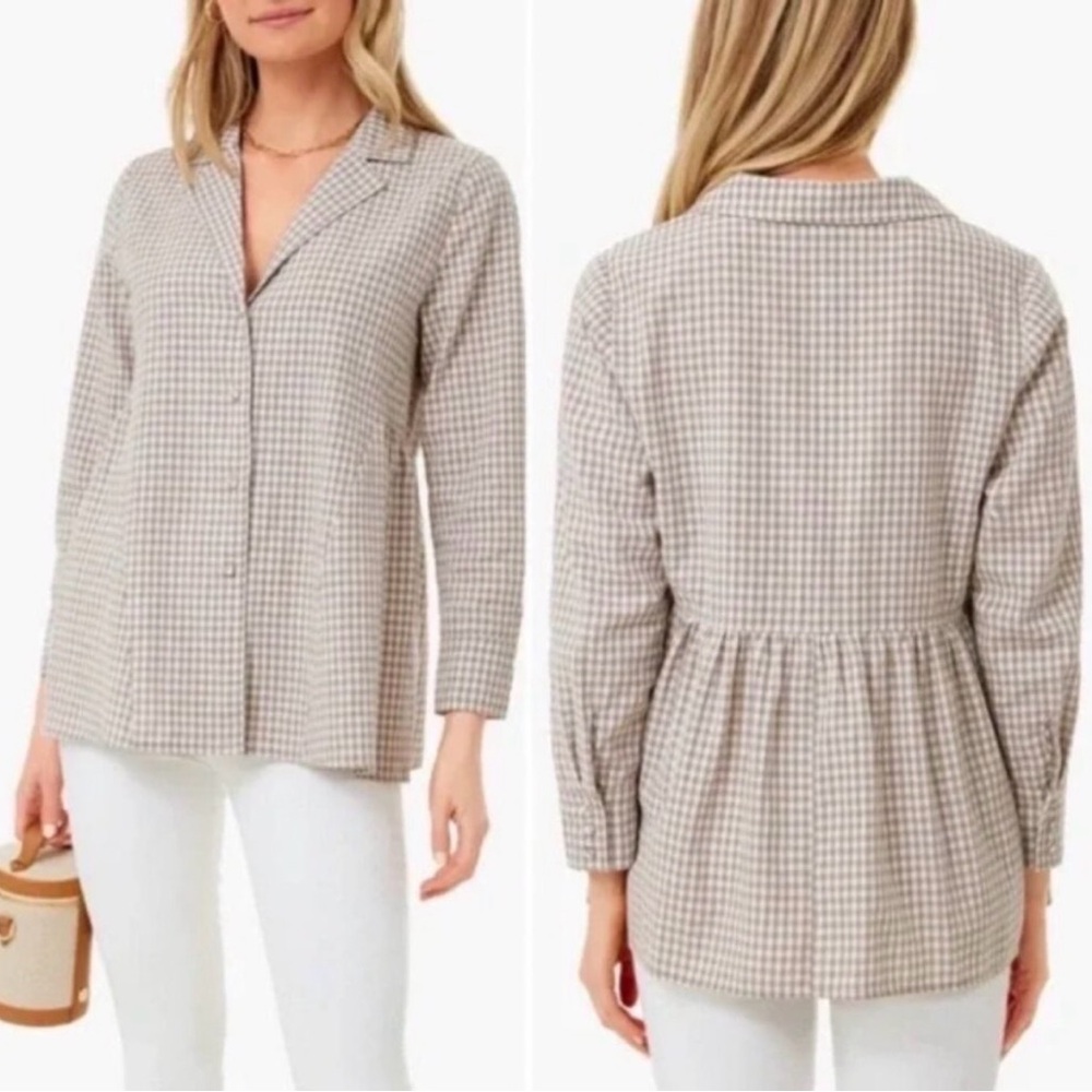 Pomander Place Beige and White Gingham Button Down Shirt